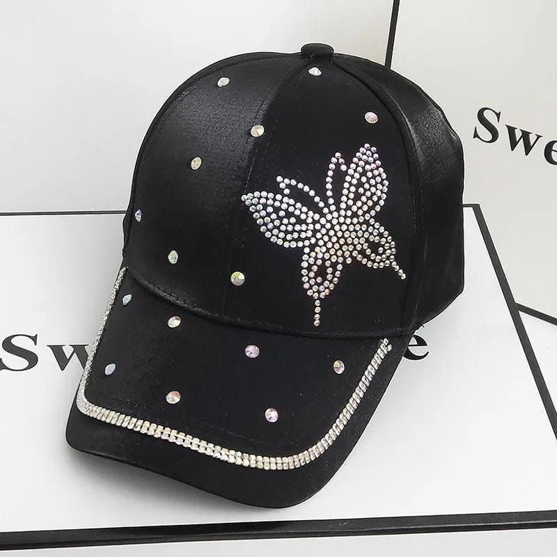adjustable / 1 Dropshipping Jeans Crystal Shiny Travel Sunshade Rhinestone Butterfly Baseball Cap Fashion Satin Sunscreen Visor Cap
