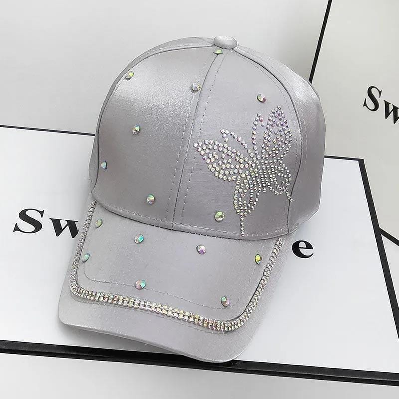 adjustable / 3 Dropshipping Jeans Crystal Shiny Travel Sunshade Rhinestone Butterfly Baseball Cap Fashion Satin Sunscreen Visor Cap