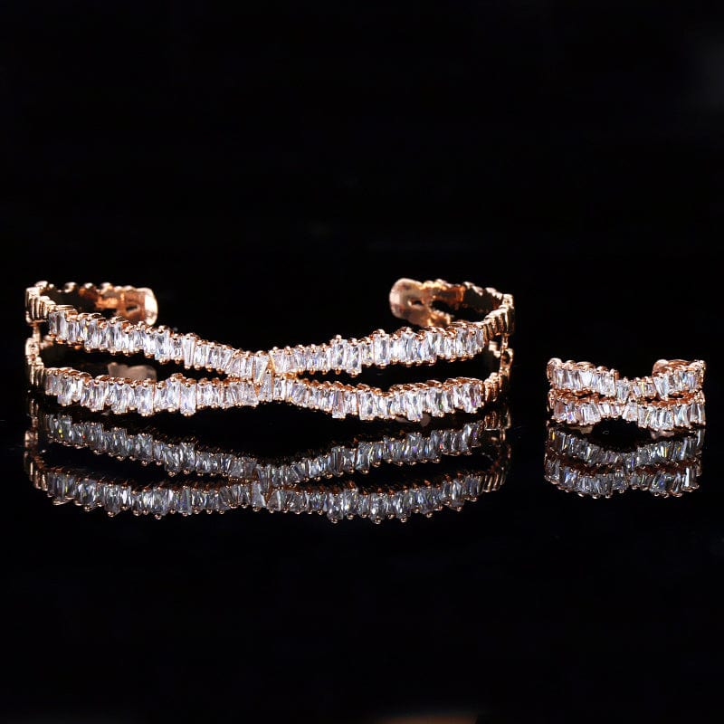 Adjustable / Rose Gold-T0102-MeiGui Elegant Rose Gold Plated Cubic Zircon Stone X Shaped Cuff Bangle and Ring Fashion Jewellery Set for Women Party Wear Accessories