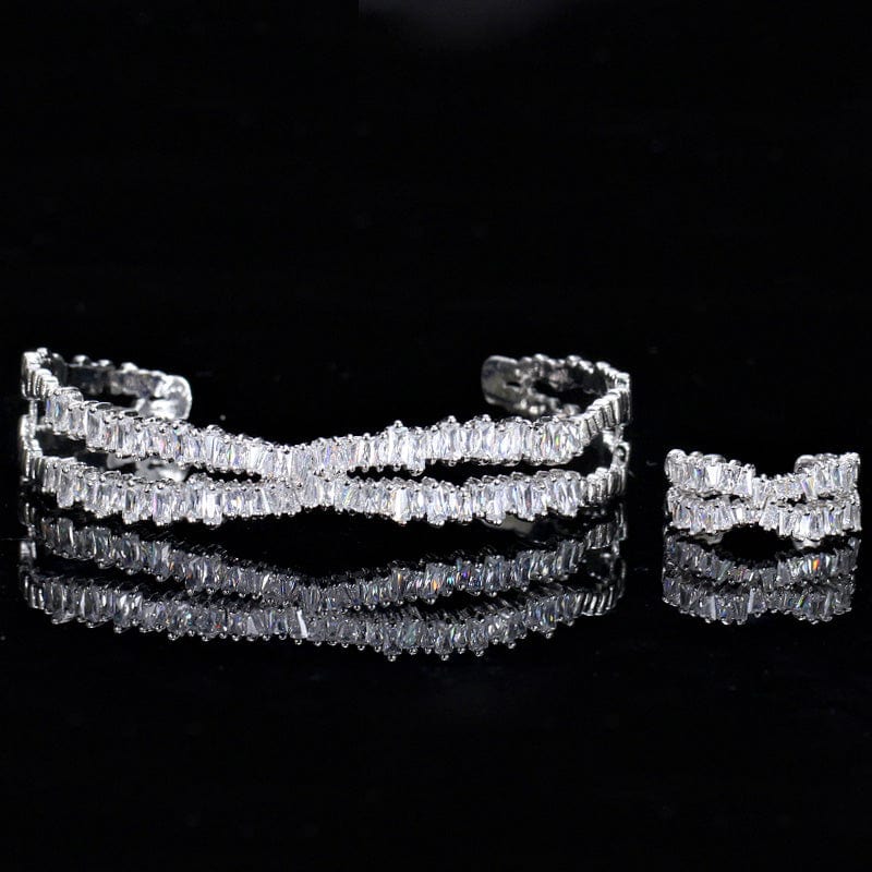 Adjustable / Silver-T0102-Yin Elegant Rose Gold Plated Cubic Zircon Stone X Shaped Cuff Bangle and Ring Fashion Jewellery Set for Women Party Wear Accessories