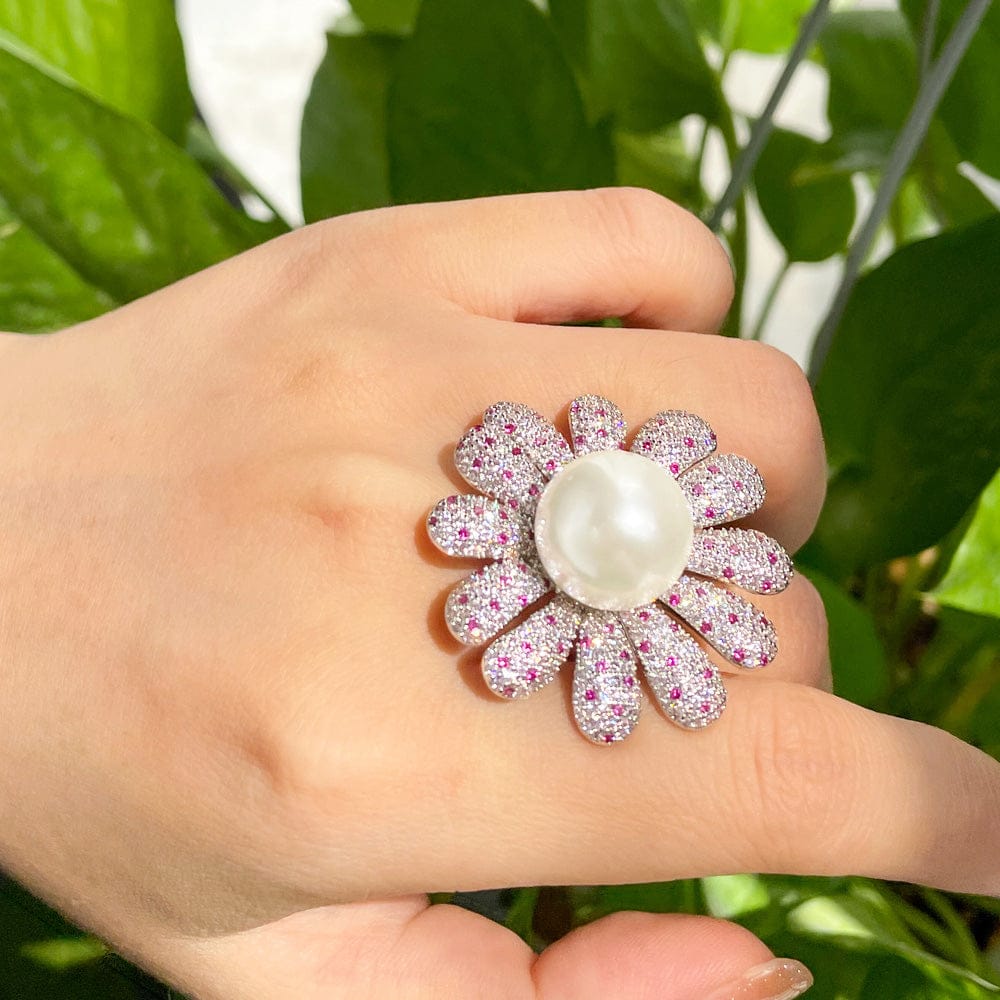 Adjustable Size (one size fits all) / J0203 Luxury Silver Plated Cubic Zirconia Stone Resizable Wedding Big Flower Pearl Rings Jewelry for Women Engagement Dress Accessory