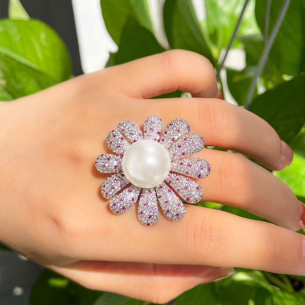 Adjustable Size (one size fits all) / J0203 Luxury Silver Plated Cubic Zirconia Stone Resizable Wedding Big Flower Pearl Rings Jewelry for Women Engagement Dress Accessory