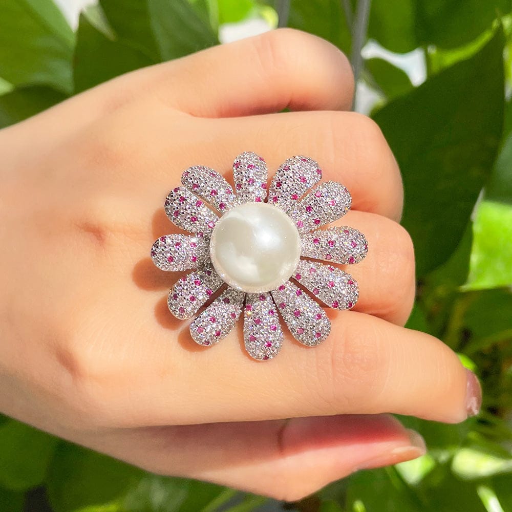 Adjustable Size (one size fits all) / J0203 Luxury Silver Plated Cubic Zirconia Stone Resizable Wedding Big Flower Pearl Rings Jewelry for Women Engagement Dress Accessory