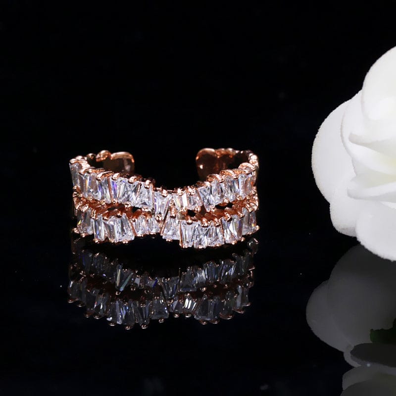 Adjustable Size (one size fits all) / Rose Gold-J0019-MeiGui Sparking White Cubic Zircon CZ Silver Plated Copper Luxury Adjustable Open Bridal Engagement Ring for Women Finger Accessories