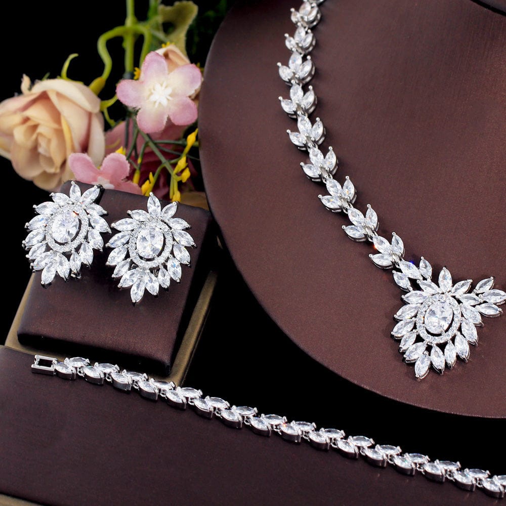 Adjustable Size / T0872 4pcs Bright White African Nigerian CZ Cubic Zirconia Flower Leaf Necklace Earrings Jewelry Sets for Wedding Bridal Party Wear