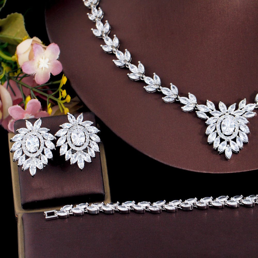 Adjustable Size / T0872 4pcs Bright White African Nigerian CZ Cubic Zirconia Flower Leaf Necklace Earrings Jewelry Sets for Wedding Bridal Party Wear
