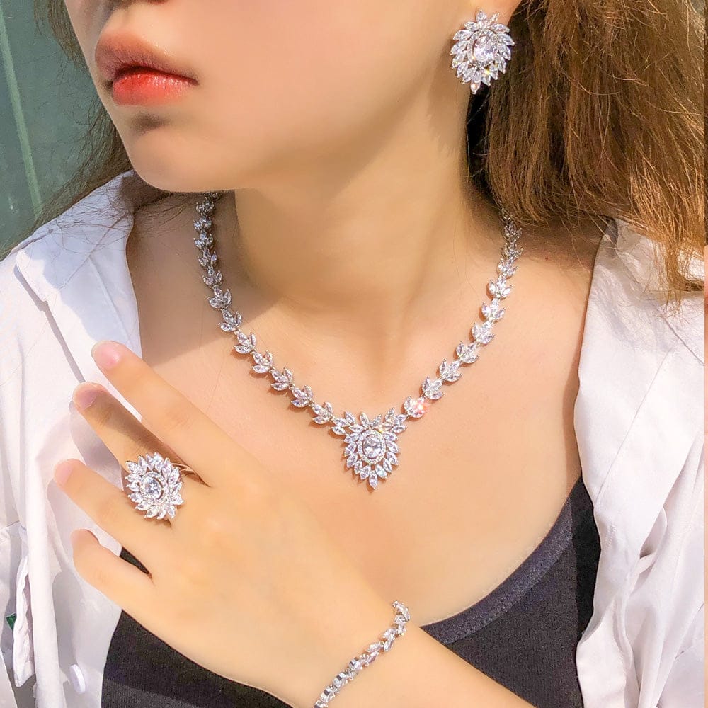 Adjustable Size / T0872 4pcs Bright White African Nigerian CZ Cubic Zirconia Flower Leaf Necklace Earrings Jewelry Sets for Wedding Bridal Party Wear