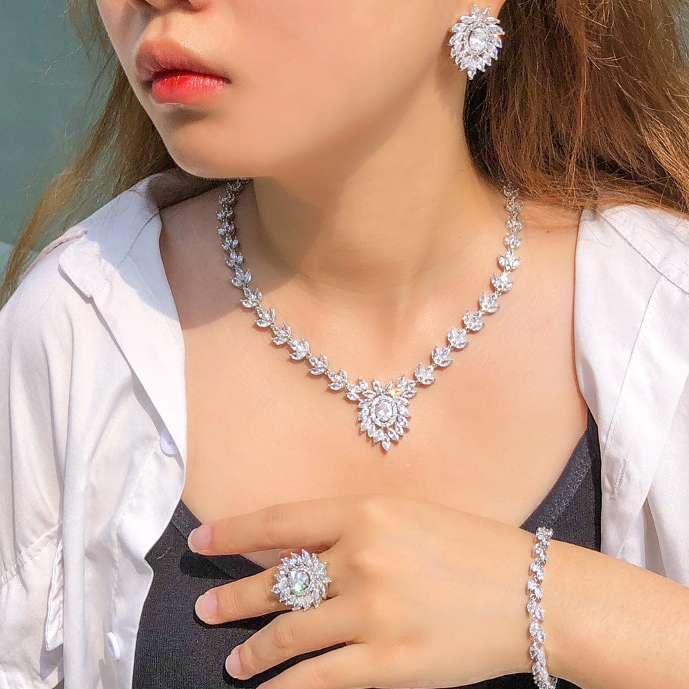 Adjustable Size / T0872 4pcs Bright White African Nigerian CZ Cubic Zirconia Flower Leaf Necklace Earrings Jewelry Sets for Wedding Bridal Party Wear