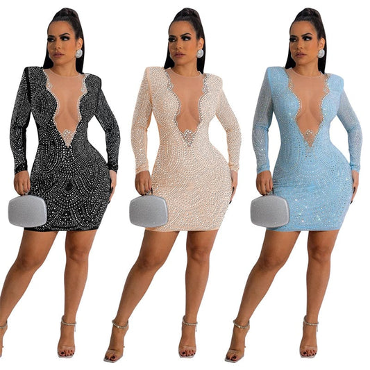 african casual sexy v neck sparkle sew on rhinestone crystal heavy beaded long sleeve wedding mini evening dress with bead