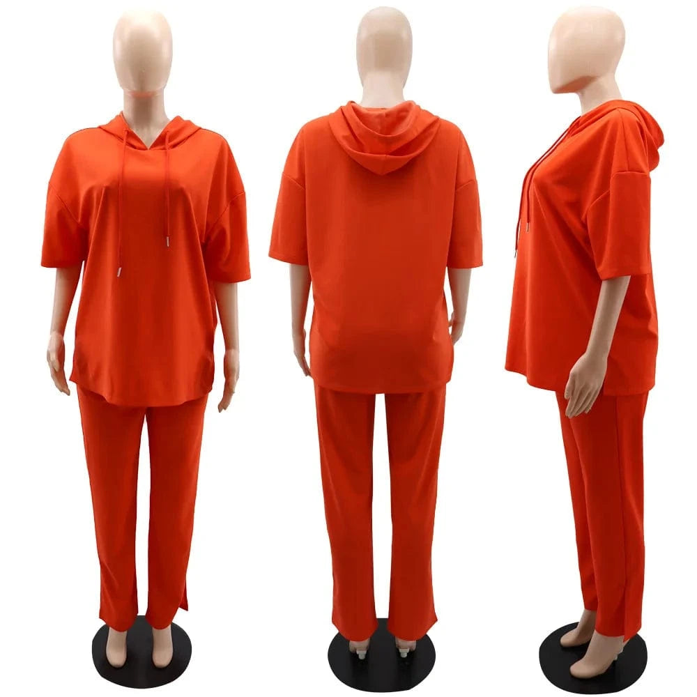 African Lady Dashiki Sets Casual Loose Summer Autumn Outfit Half Sleeve Hooded Top + Long Split Pants Matching Suit