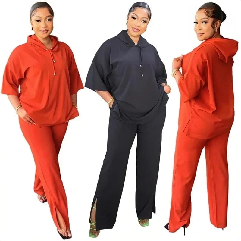 African Lady Dashiki Sets Casual Loose Summer Autumn Outfit Half Sleeve Hooded Top + Long Split Pants Matching Suit