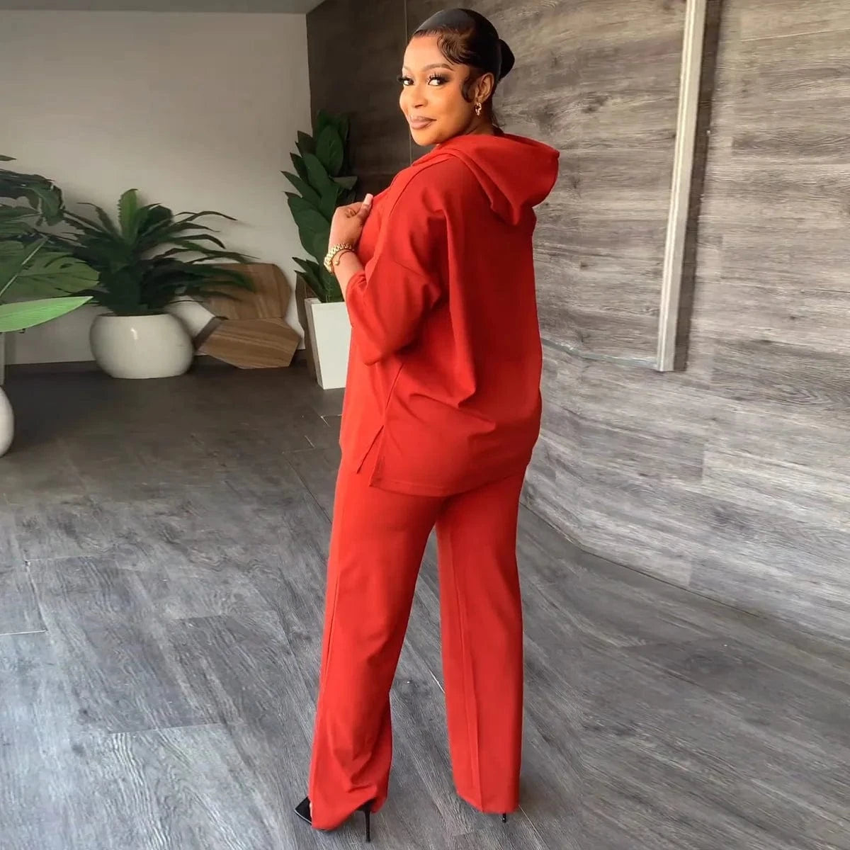 African Lady Dashiki Sets Casual Loose Summer Autumn Outfit Half Sleeve Hooded Top + Long Split Pants Matching Suit