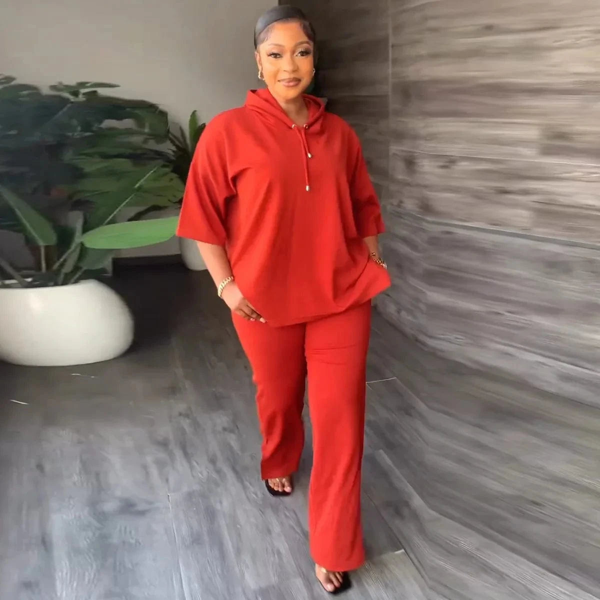 African Lady Dashiki Sets Casual Loose Summer Autumn Outfit Half Sleeve Hooded Top + Long Split Pants Matching Suit