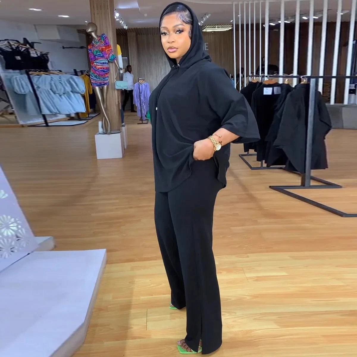 African Lady Dashiki Sets Casual Loose Summer Autumn Outfit Half Sleeve Hooded Top + Long Split Pants Matching Suit