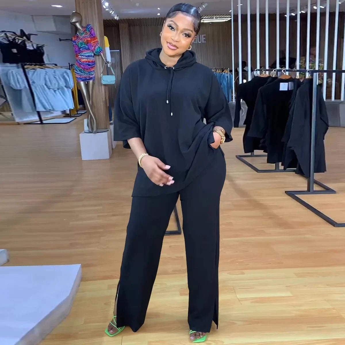 African Lady Dashiki Sets Casual Loose Summer Autumn Outfit Half Sleeve Hooded Top + Long Split Pants Matching Suit