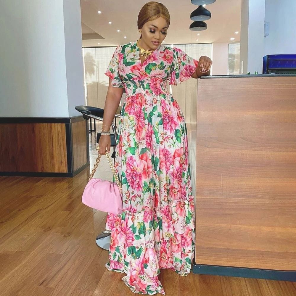 African Print Long Dresses For Women Boho Floral Chiffon Dress Ankara Dashiki Party Gown Abaya Elegant Ladies Summer Clothing