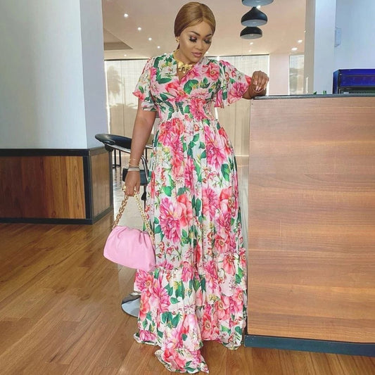 African Print Long Dresses For Women Boho Floral Chiffon Dress Ankara Dashiki Party Gown Abaya Elegant Ladies Summer Clothing