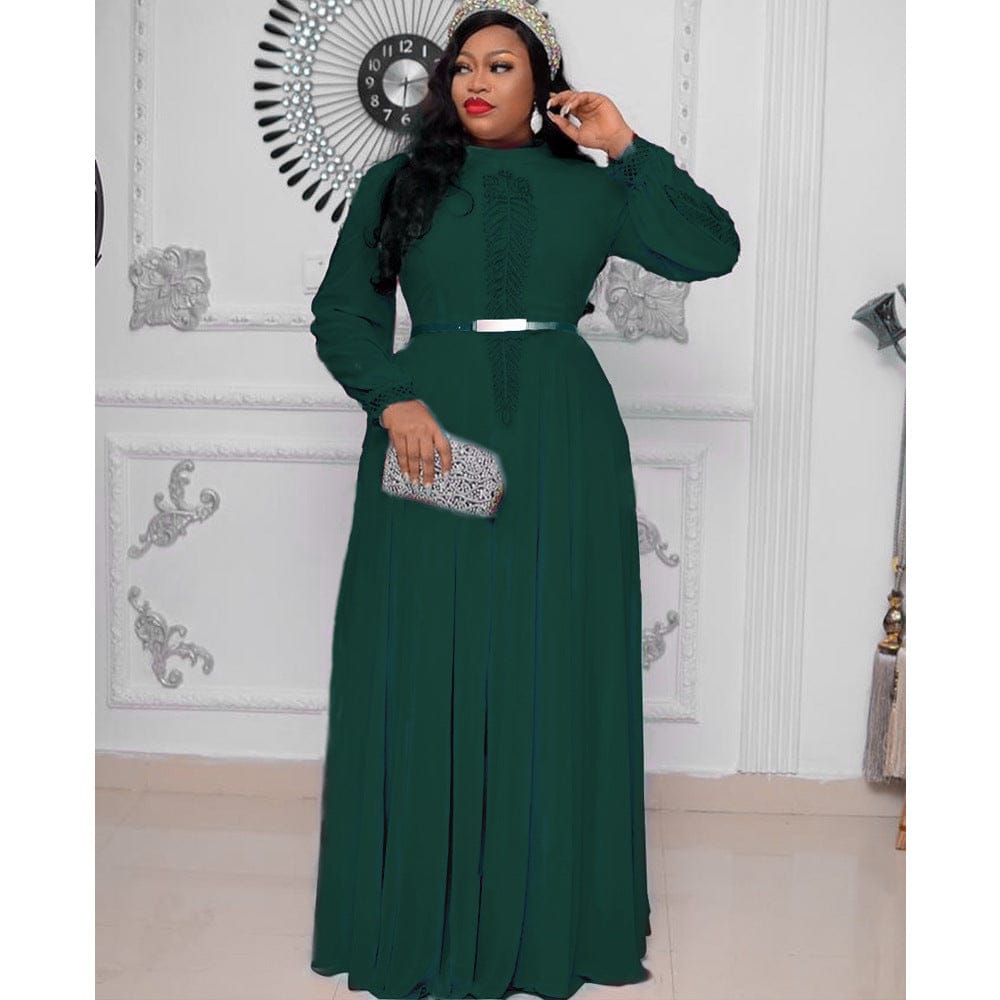 African Women Dress Africa Printed Style Dress Maiden Fashion Plus-size Long Solid Color Dress With Belt