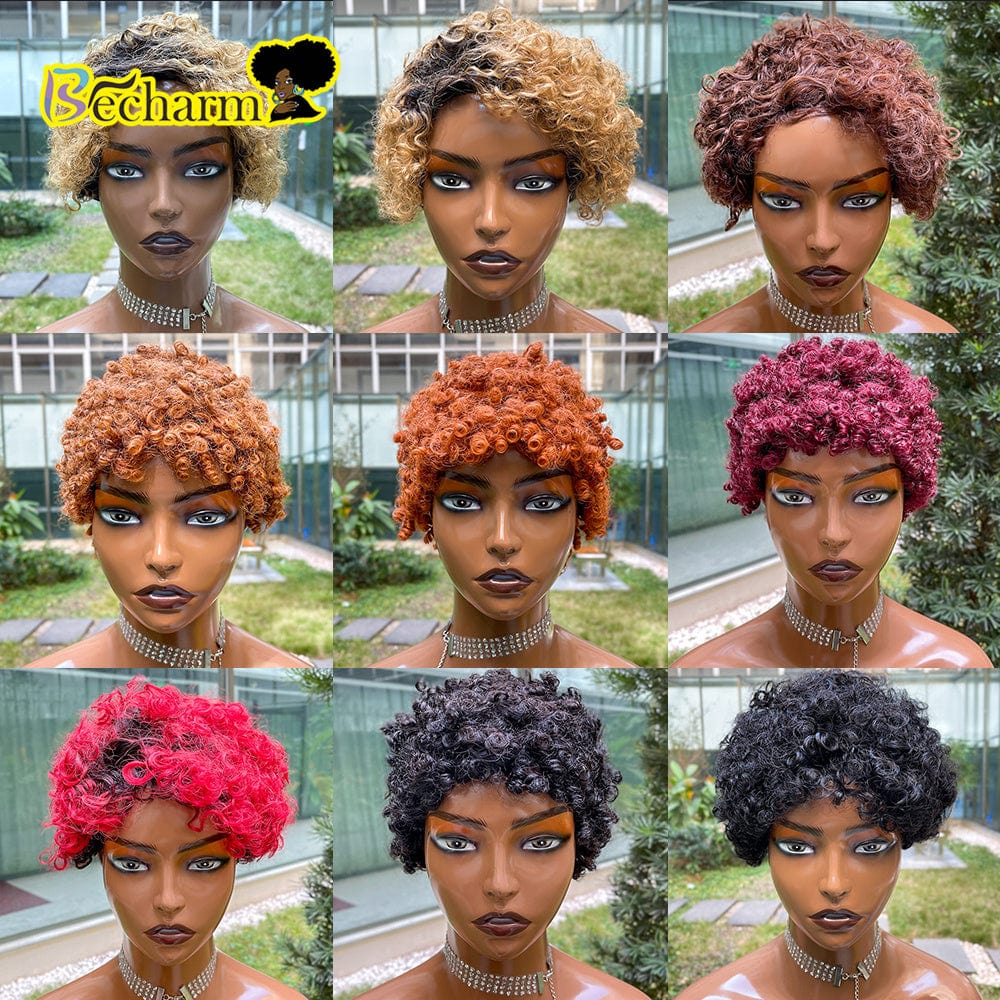 Afro Kinky Curly Wig Brazilian Remy Human Hair Short Bob Wig For Black Women Natural Color Ombre Brown Machine Made Wig