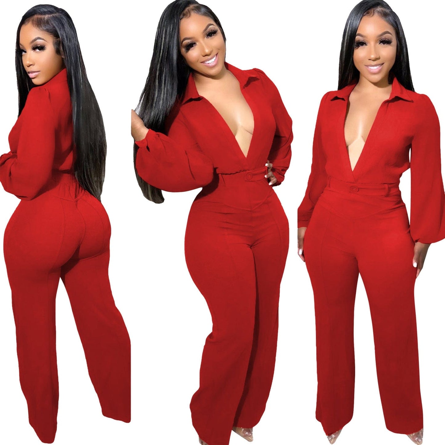 AL224 Autumn Women V Neck Fashion Skinny Jumpsuit Solid Long Sleeve Trend Elastic Fitness Activewear Casual Workout Overall