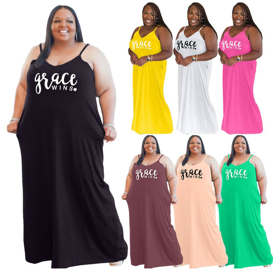 Amazon Europe and America plus size women's suspenders fashion loose mopping skirt dress