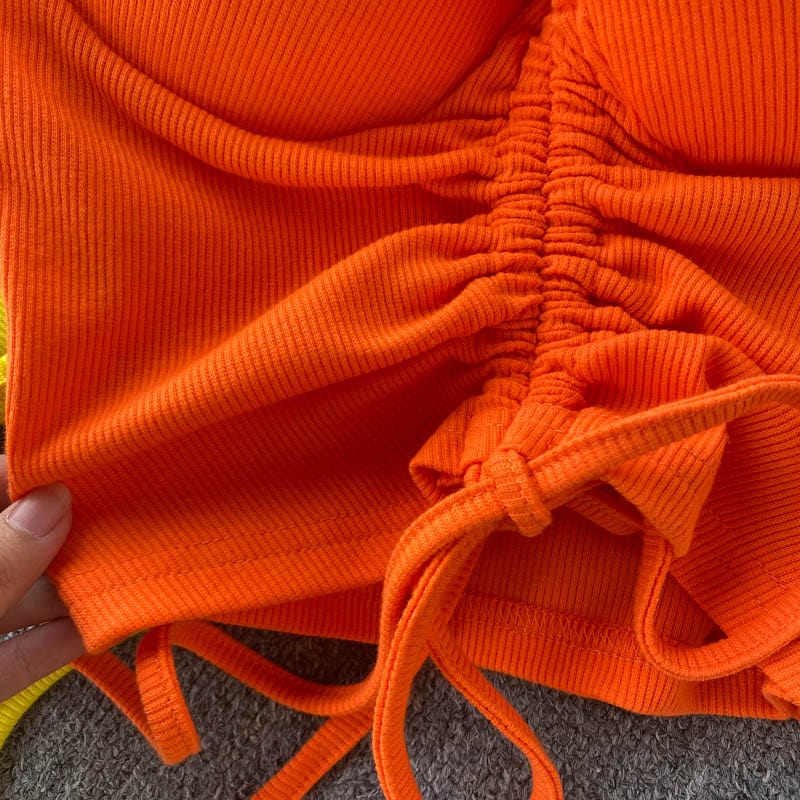 Amazon Hot Hale 15 Colors Women Summer Solid Spaghetti Strap Boob Tube Tank Top Ladies Drawstring Crop Tops