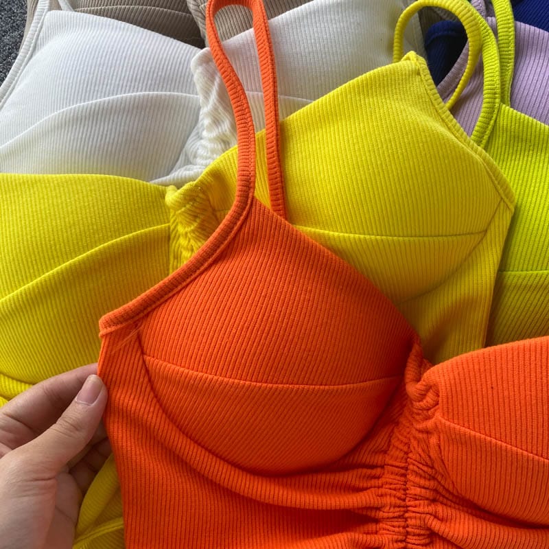 Amazon Hot Hale 15 Colors Women Summer Solid Spaghetti Strap Boob Tube Tank Top Ladies Drawstring Crop Tops