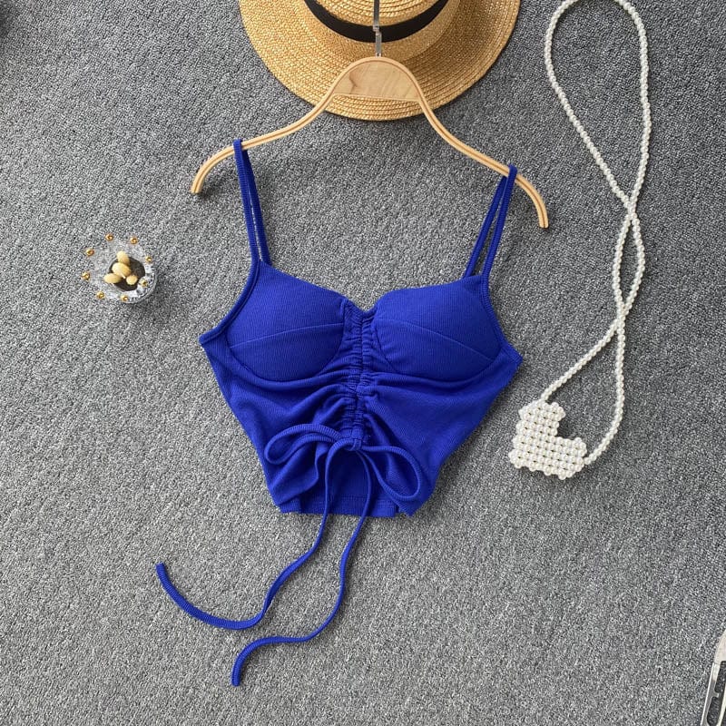 Amazon Hot Hale 15 Colors Women Summer Solid Spaghetti Strap Boob Tube Tank Top Ladies Drawstring Crop Tops