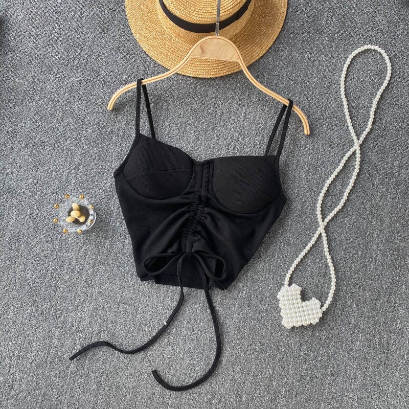 Amazon Hot Hale 15 Colors Women Summer Solid Spaghetti Strap Boob Tube Tank Top Ladies Drawstring Crop Tops