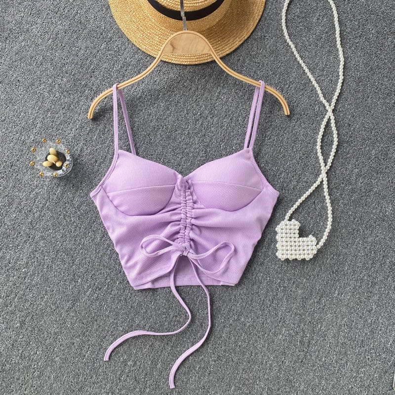 Amazon Hot Hale 15 Colors Women Summer Solid Spaghetti Strap Boob Tube Tank Top Ladies Drawstring Crop Tops