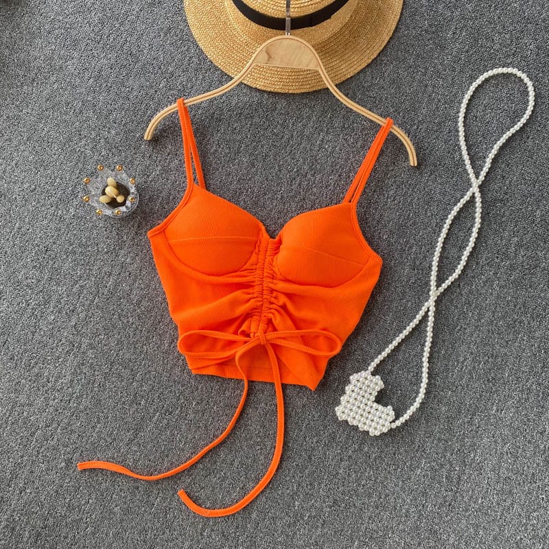 Amazon Hot Hale 15 Colors Women Summer Solid Spaghetti Strap Boob Tube Tank Top Ladies Drawstring Crop Tops