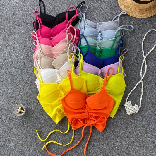 Amazon Hot Hale 15 Colors Women Summer Solid Spaghetti Strap Boob Tube Tank Top Ladies Drawstring Crop Tops