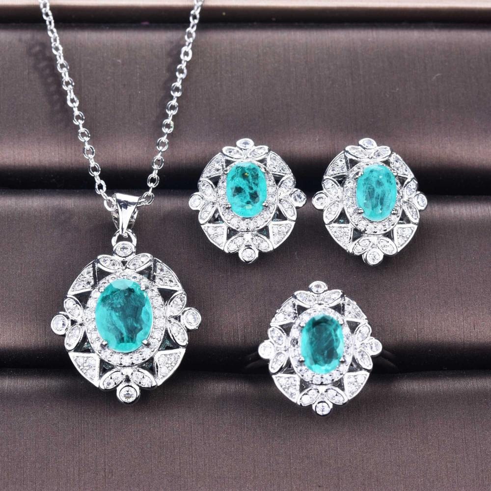Amazon Hot Sell Paraiba Style Ring Luxury Treasure Necklace Earrings Ring High-end Custom Jewelry Set for Woman 1 Piece Silver