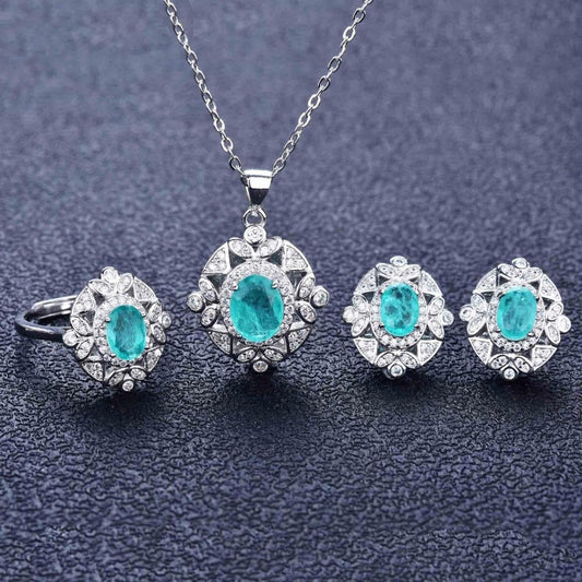 Amazon Hot Sell Paraiba Style Ring Luxury Treasure Necklace Earrings Ring High-end Custom Jewelry Set for Woman 1 Piece Silver