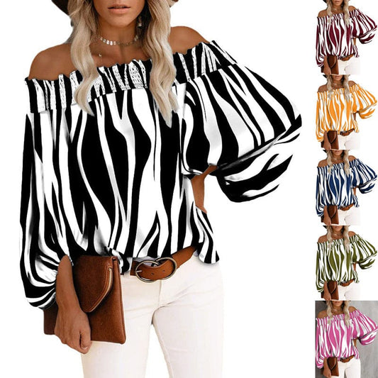 Amazon hot summer autumn new European American striped sexy off-shoulder chiffon shirt