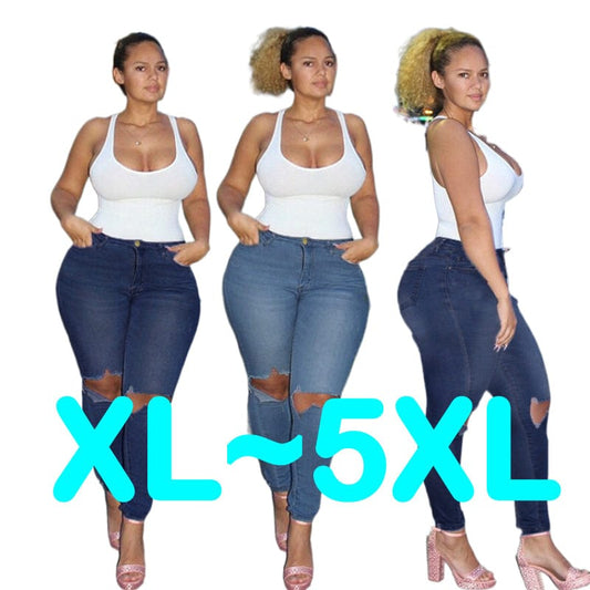 Amazon  ladies high waisted stretchy Fat Girl Woman Ripped Over Big Size 4XL 5XL 6XL 7XL trousers Women plus size pants & jeans