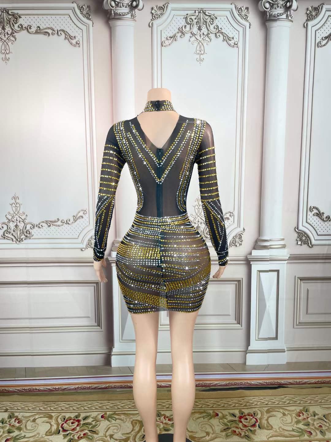 Amazon Top Seller 2023 New Arrival Colorful Rhinestone Bling Bling Night Club Dress Back Zip Up Long Sleeve Sexy Mini Dress