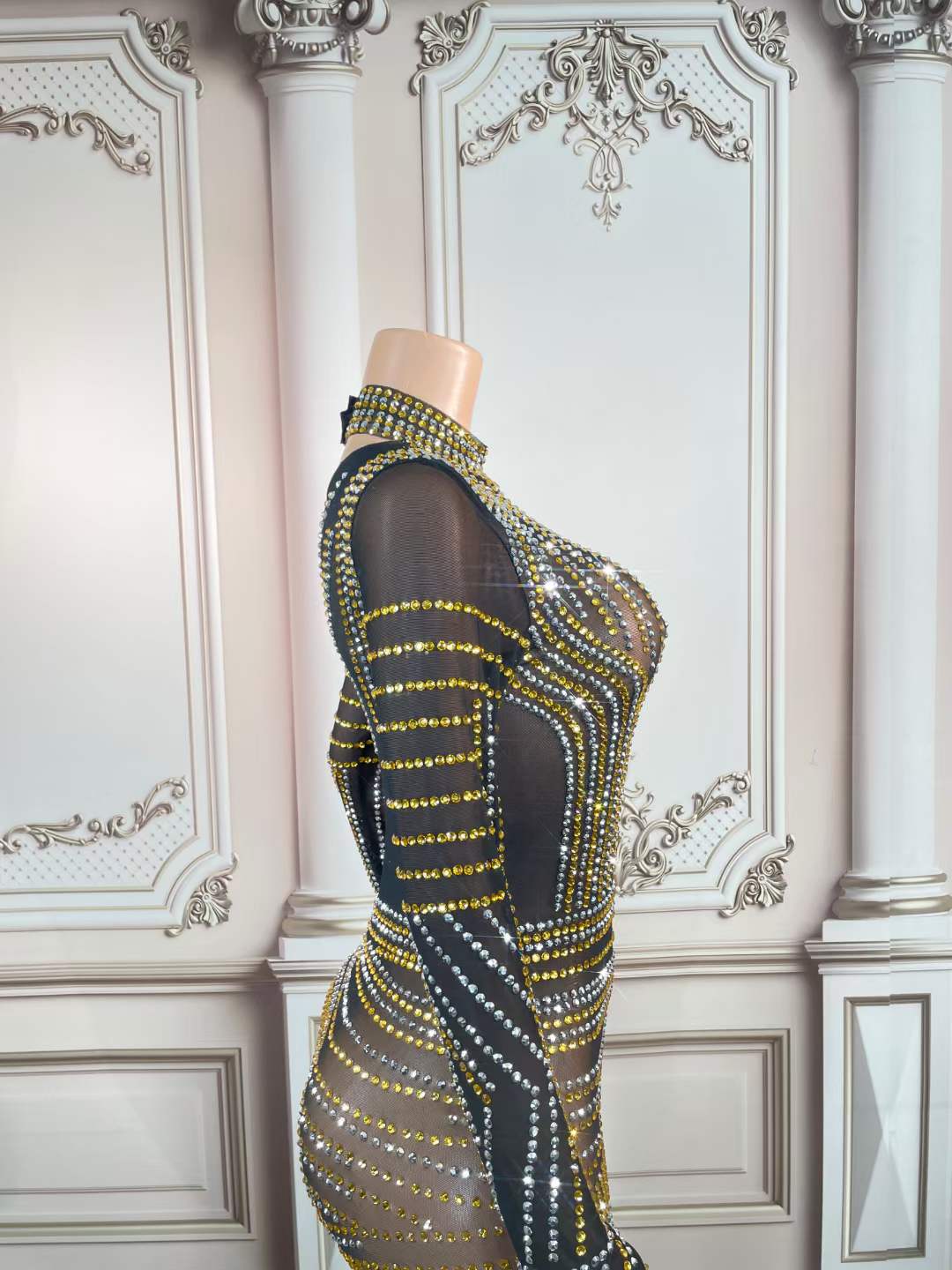 Amazon Top Seller 2023 New Arrival Colorful Rhinestone Bling Bling Night Club Dress Back Zip Up Long Sleeve Sexy Mini Dress