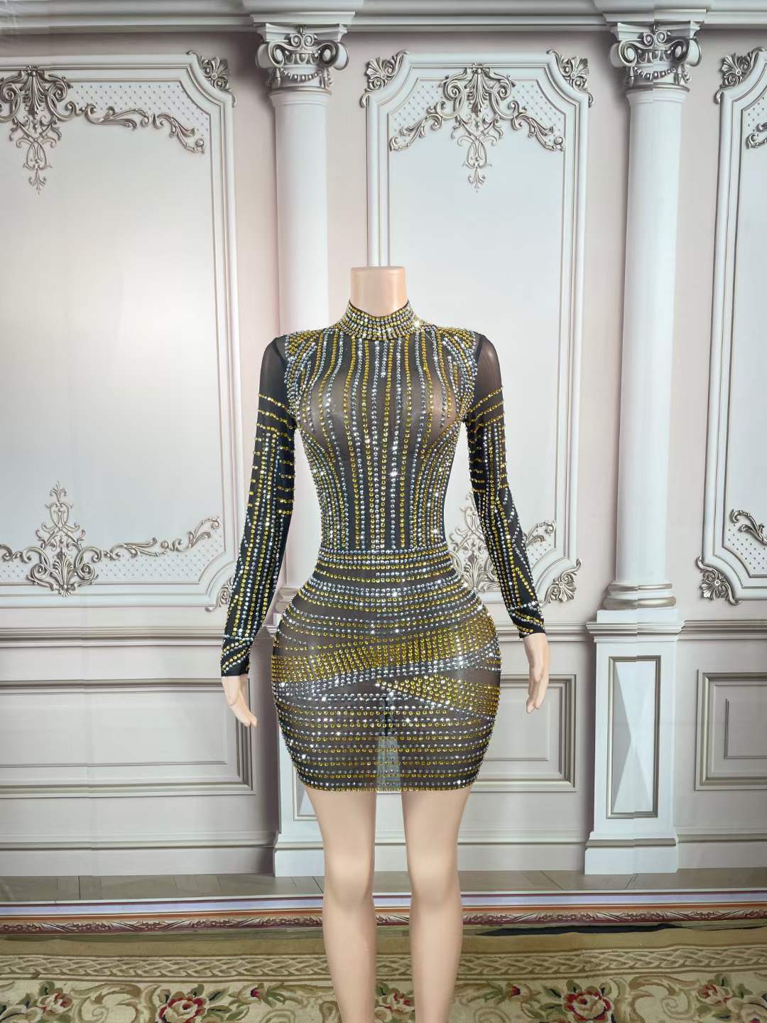 Amazon Top Seller 2023 New Arrival Colorful Rhinestone Bling Bling Night Club Dress Back Zip Up Long Sleeve Sexy Mini Dress