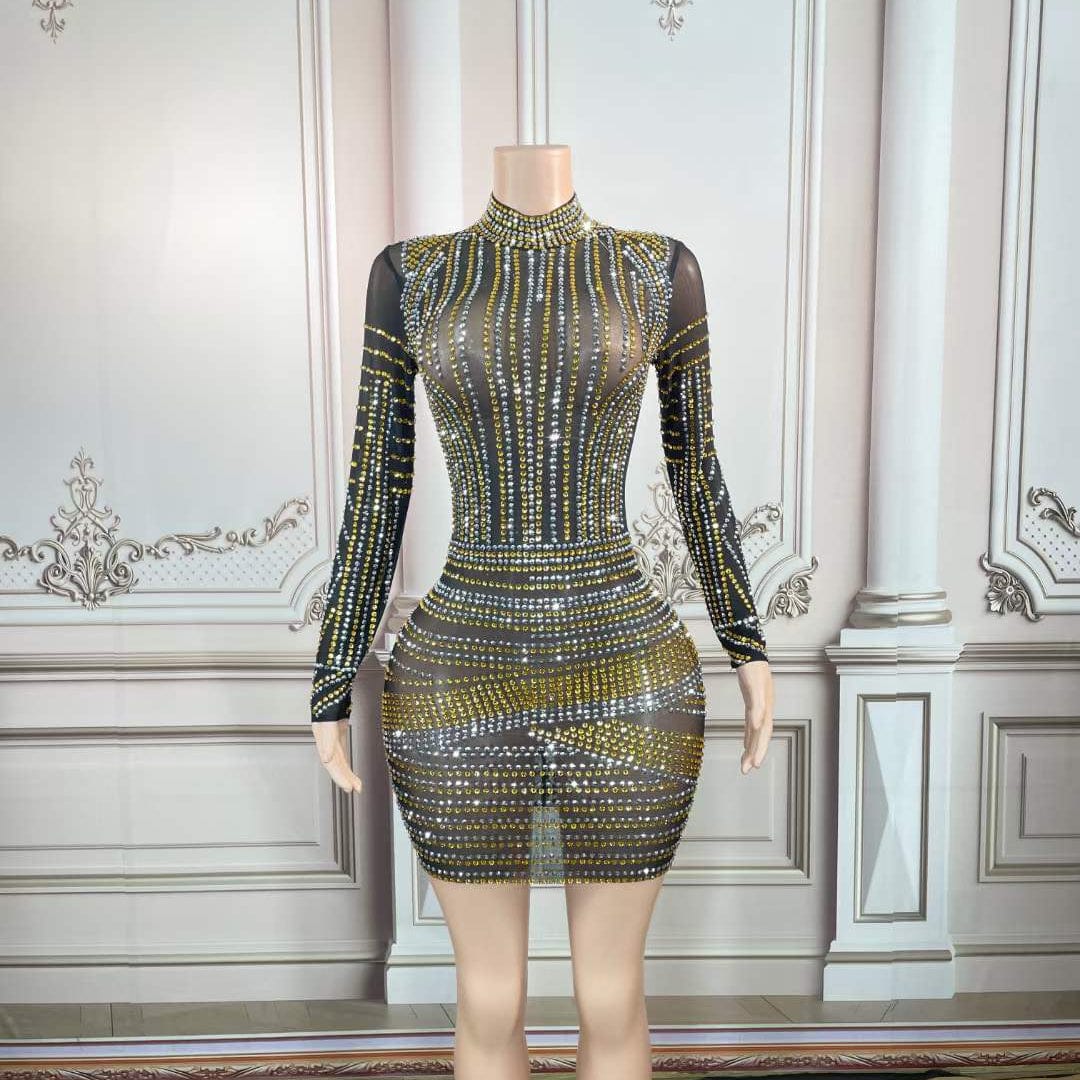 Amazon Top Seller 2023 New Arrival Colorful Rhinestone Bling Bling Night Club Dress Back Zip Up Long Sleeve Sexy Mini Dress