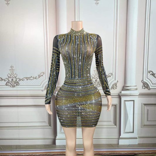 Amazon Top Seller 2023 New Arrival Colorful Rhinestone Bling Bling Night Club Dress Back Zip Up Long Sleeve Sexy Mini Dress
