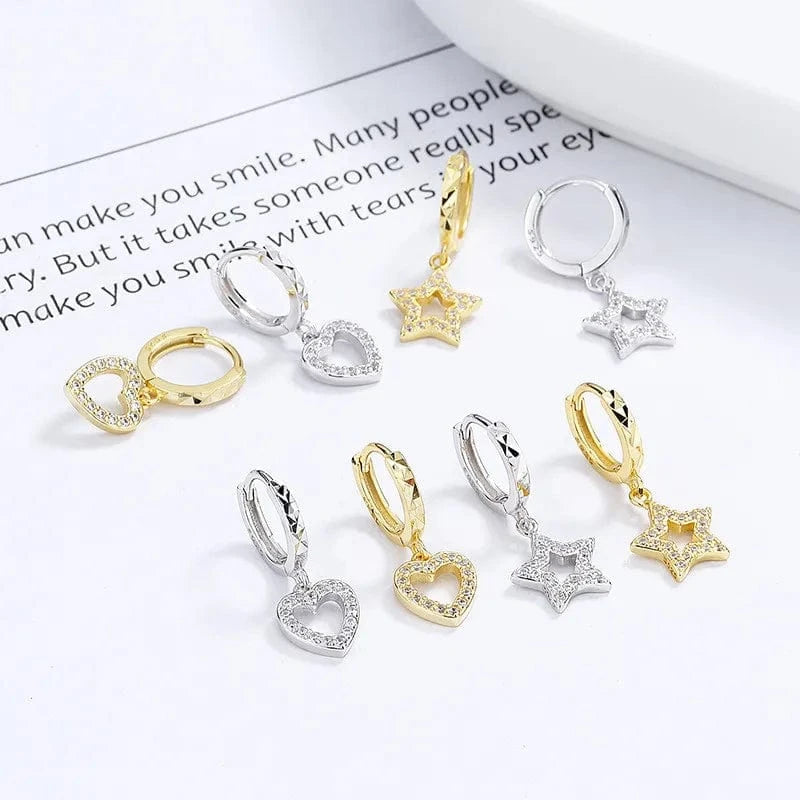 American European 925 sterling silver hollow love heart star zircon gold plated hoop earrings for women Valentine's Day