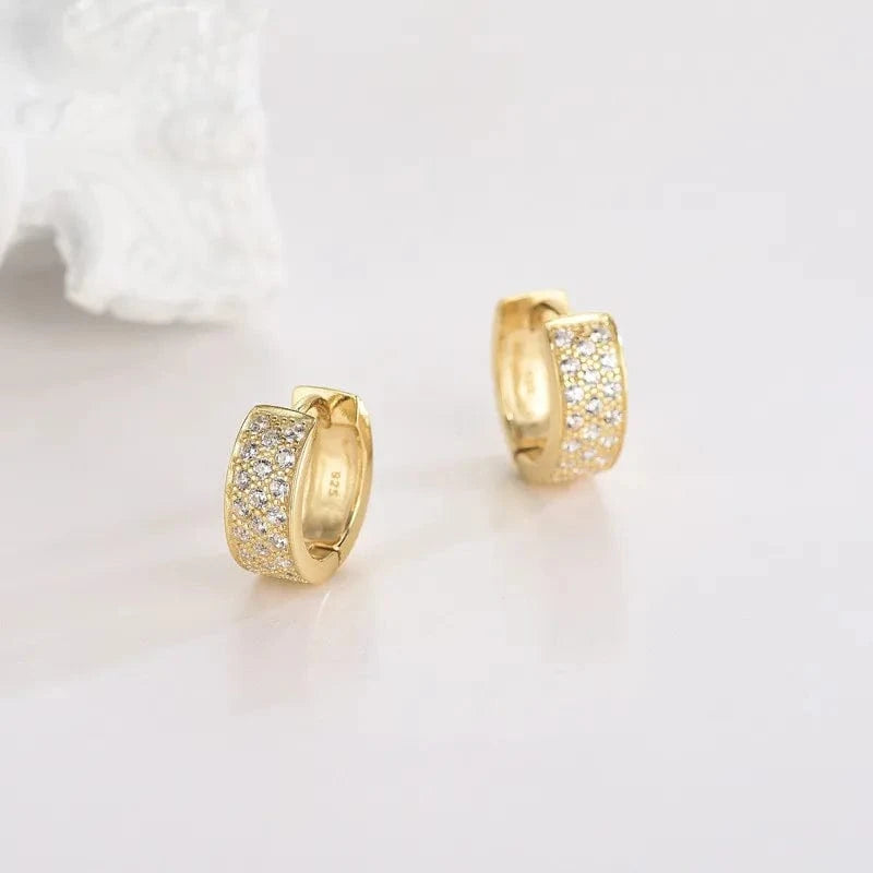 American European fine jewelry 925 sterling silver earring thick wide surface zircon gold plated hoop earrings women