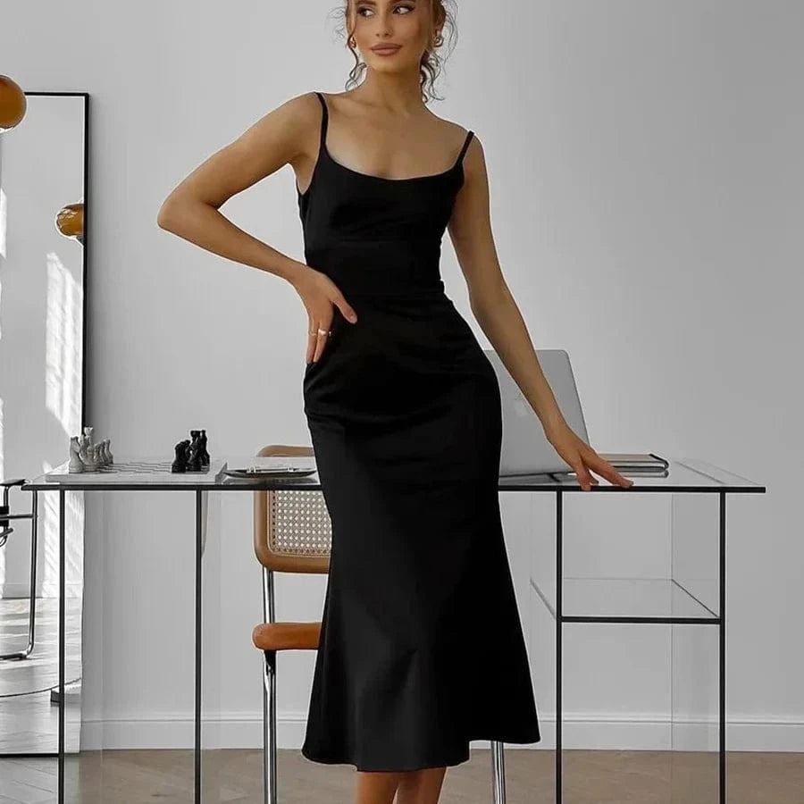 Amz Popular Fishtail Satin Dress Black Sleeveless Elegant Long Formal Dress For Party