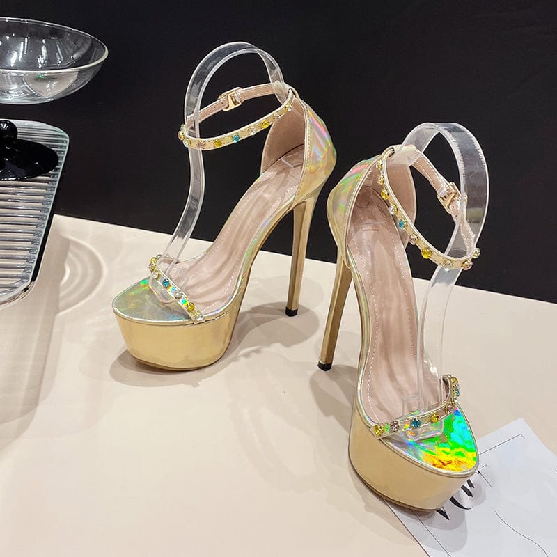 Aneikeh Buckle Party Colored Rhinestone Platform Peep Toe Super High Heels Women's PU Heel Pole Dance Shoes 2024 Fashion Sexy