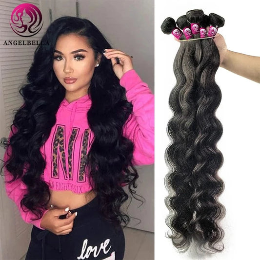 AngelBella 100% Virgin Human Hair Bundles Products Body Wave Brazilian Hair Weave Natural Curly Hair Extensions
