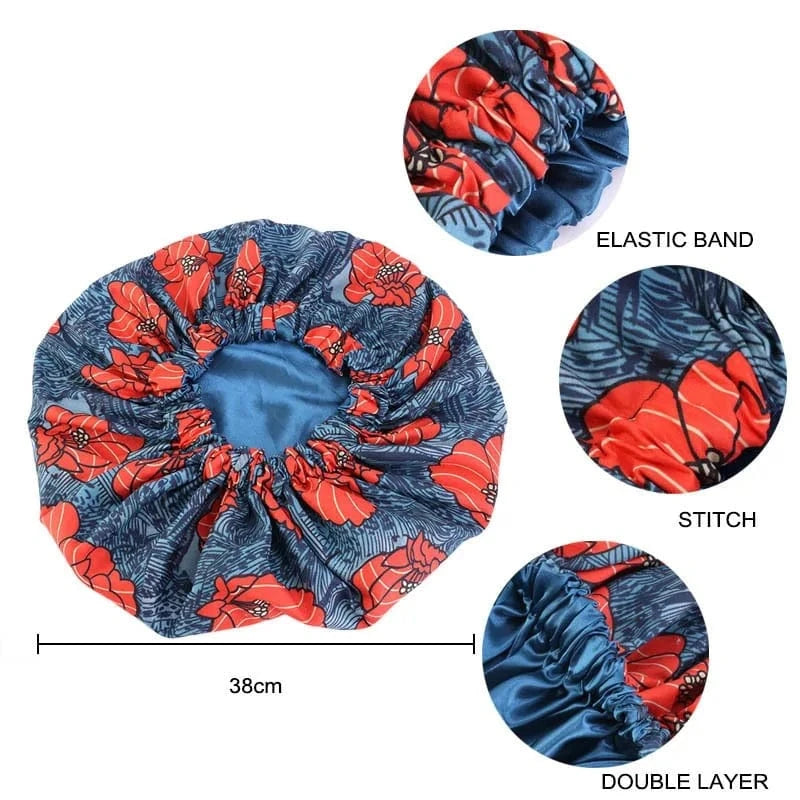 Ankara Print Double Layer Bonnet African Flower Pattern Bonnet Satin Elastic Braid Hair Bonnet Night Cap For Ladies