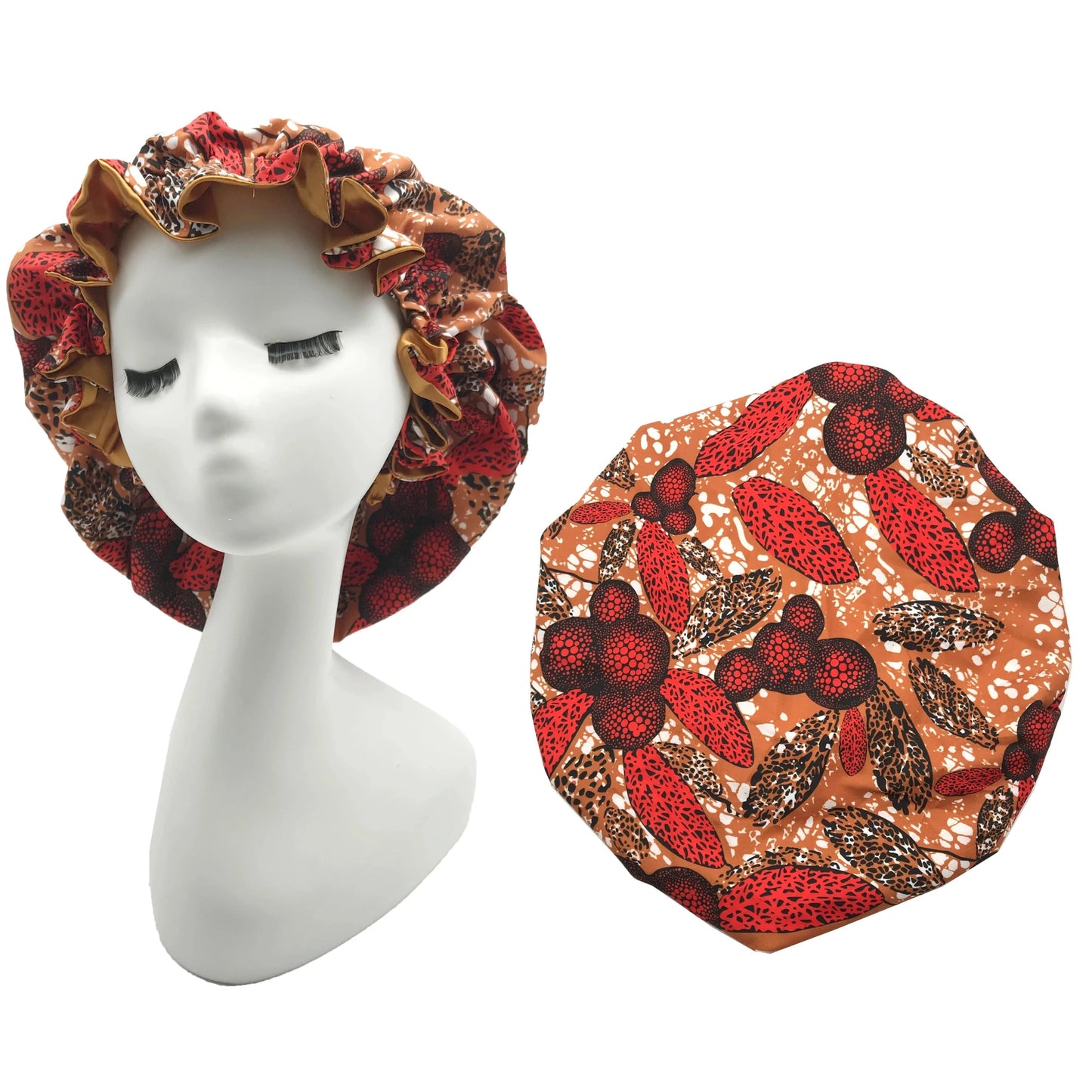 Ankara Print Double Layer Bonnet African Flower Pattern Bonnet Satin Elastic Braid Hair Bonnet Night Cap For Ladies