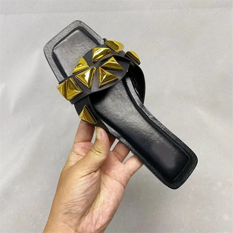 Anmairon Female Popular Style Square Toe Big Size Available Big Rivets Women Flat Sandals