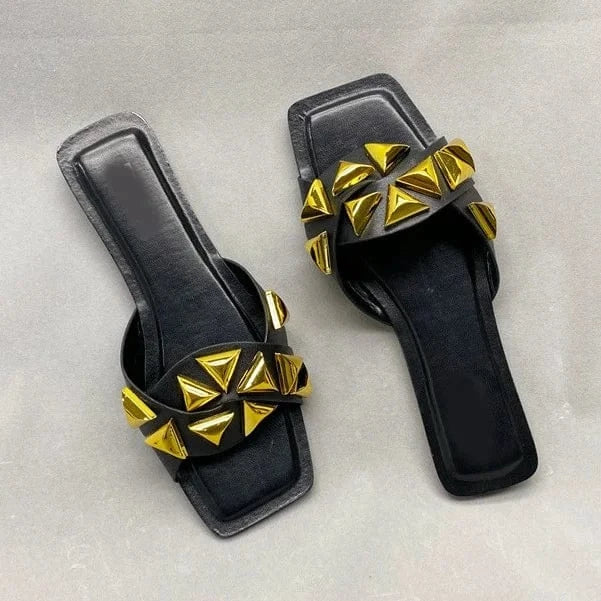 Anmairon Female Popular Style Square Toe Big Size Available Big Rivets Women Flat Sandals